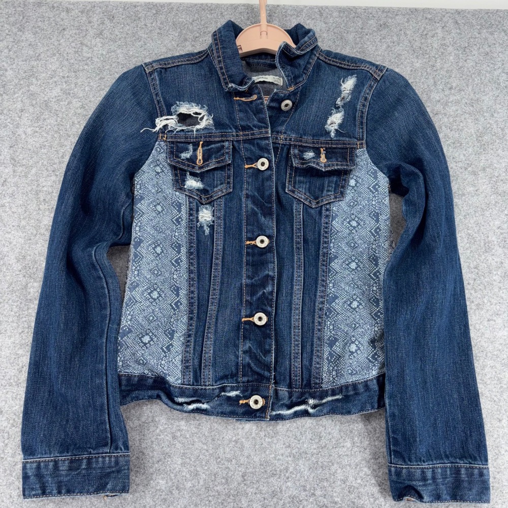 Abercrombie Kids Distressed Denim Jacket Blue Geometric Pattern XL 16 Trucker